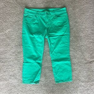 Loft modern crop pants in green denim jean, size 14